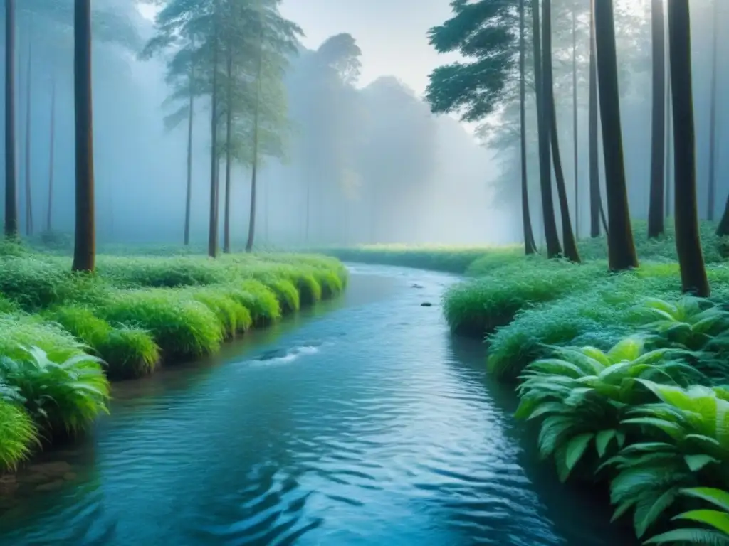 Un bosque frondoso con un arroyo y árboles altos bajo un cielo azul, perfecto para retiros de bienestar sostenibles viajes