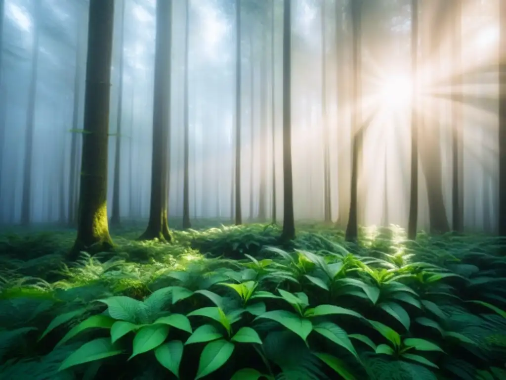 Bosque frondoso con luz filtrándose entre el dosel verde, creando juego de luces y sombras