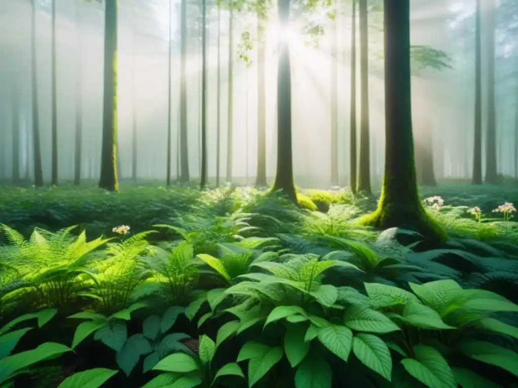 Bosque frondoso con luz filtrándose entre las hojas, mostrando plantas vibrantes y árboles altos