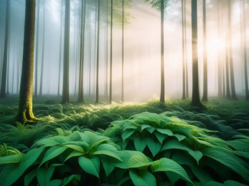 Un bosque frondoso con luz solar filtrándose entre las hojas, resaltando la belleza de la inversión responsable bonos verdes sostenibles