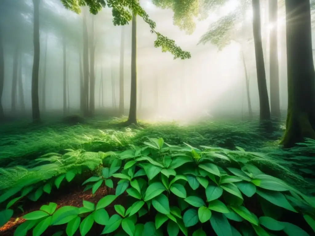 Un bosque frondoso con luz solar filtrándose entre las hojas, reflejando la protección solar ecológica sostenible