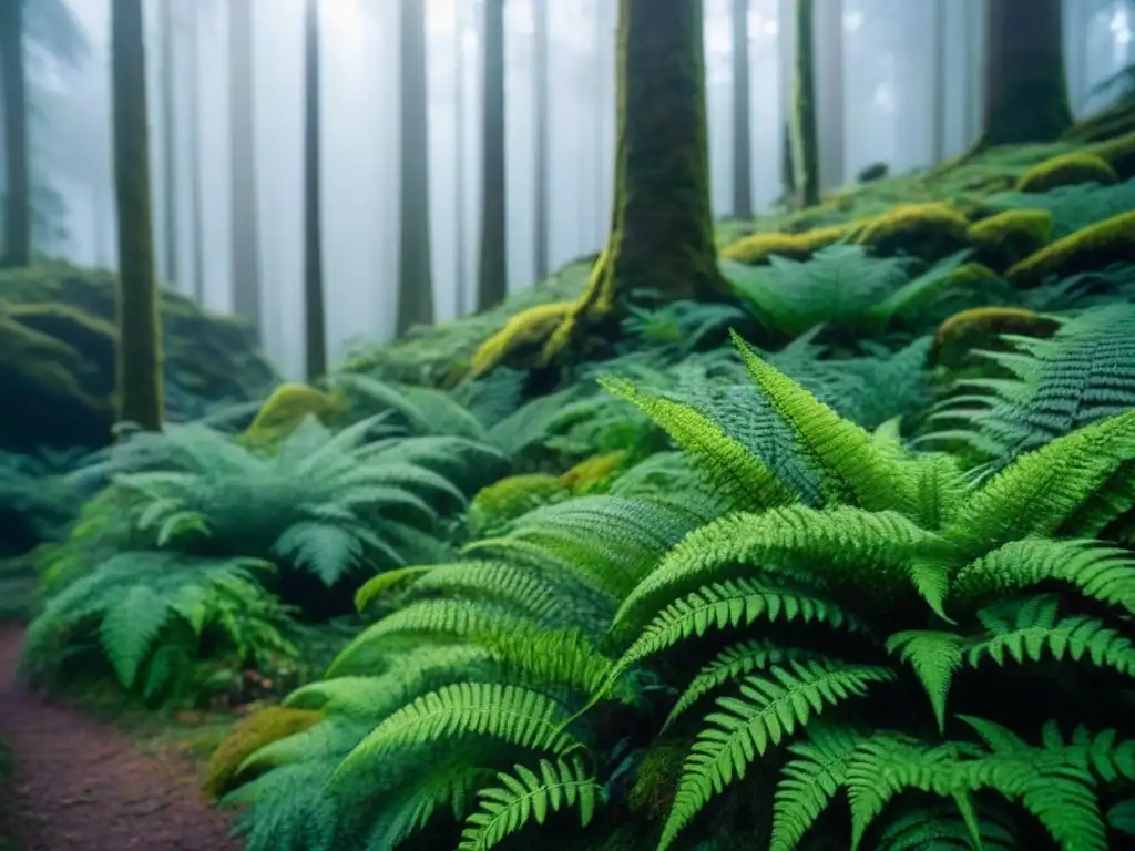 Bosque intocado con árboles altos, cielo azul y helechos verdes