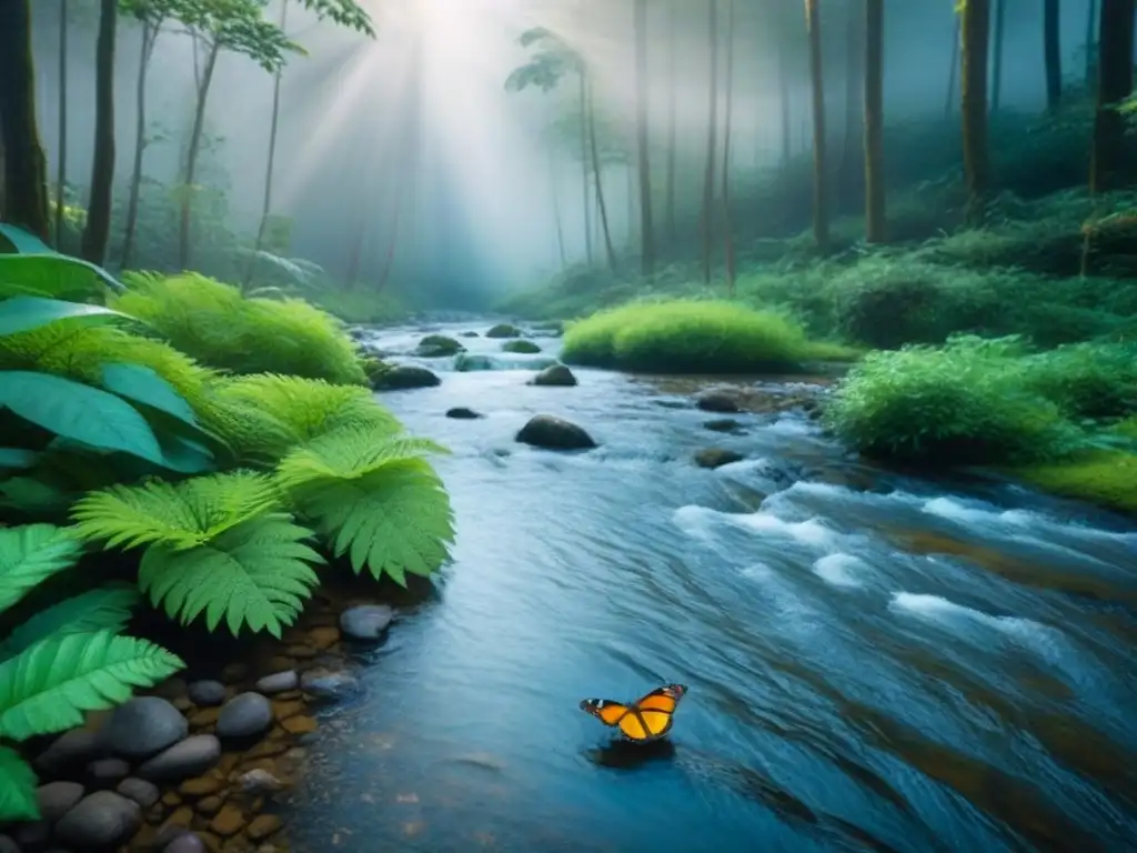 Un bosque intocado en un área protegida con un arroyo cristalino, aves y mariposas coloridas