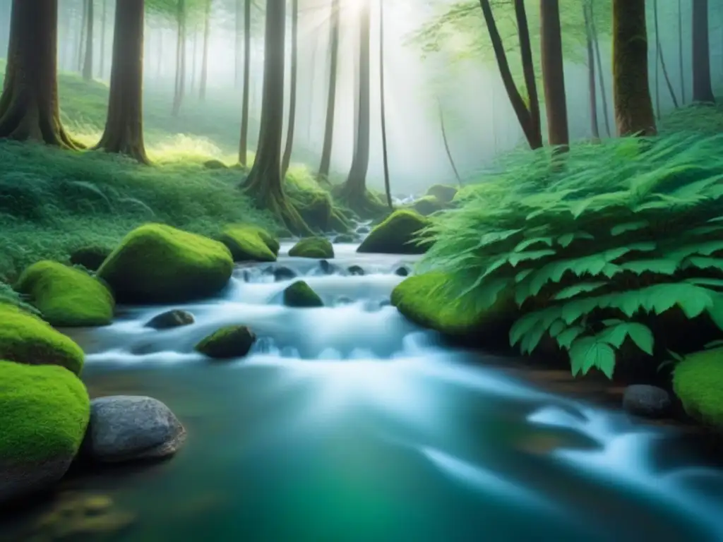 Un bosque intocado muestra su belleza con hojas verdes brillantes bajo el sol, árboles majestuosos y un arroyo cristalino