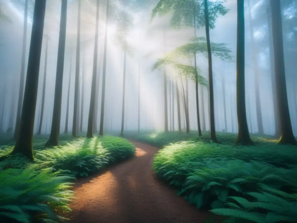 Bosque intocado con luz filtrada, hojas verdes vibrantes y sombras en el suelo