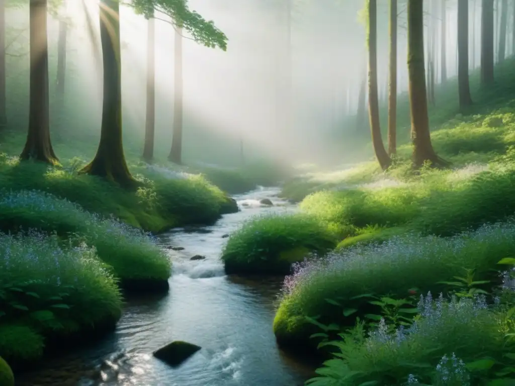 Un bosque intocado y sereno con árboles verdes, flores silvestres y un arroyo