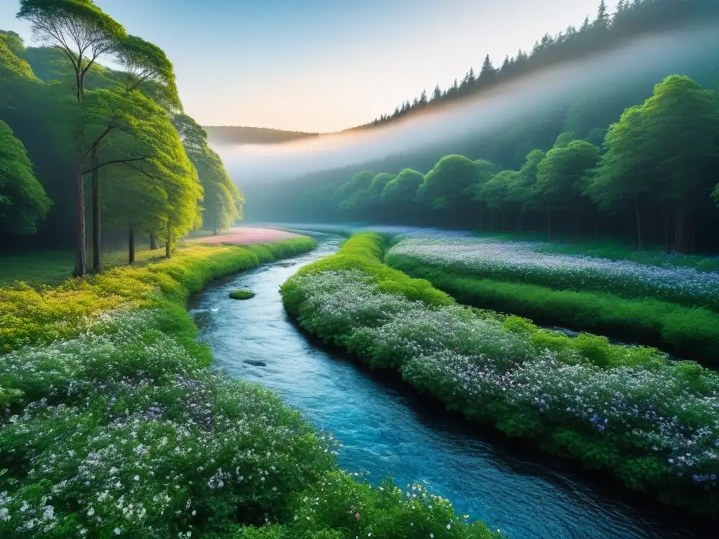 Un bosque virgen lleno de vida, con árboles verdes, flores coloridas y un cielo azul claro