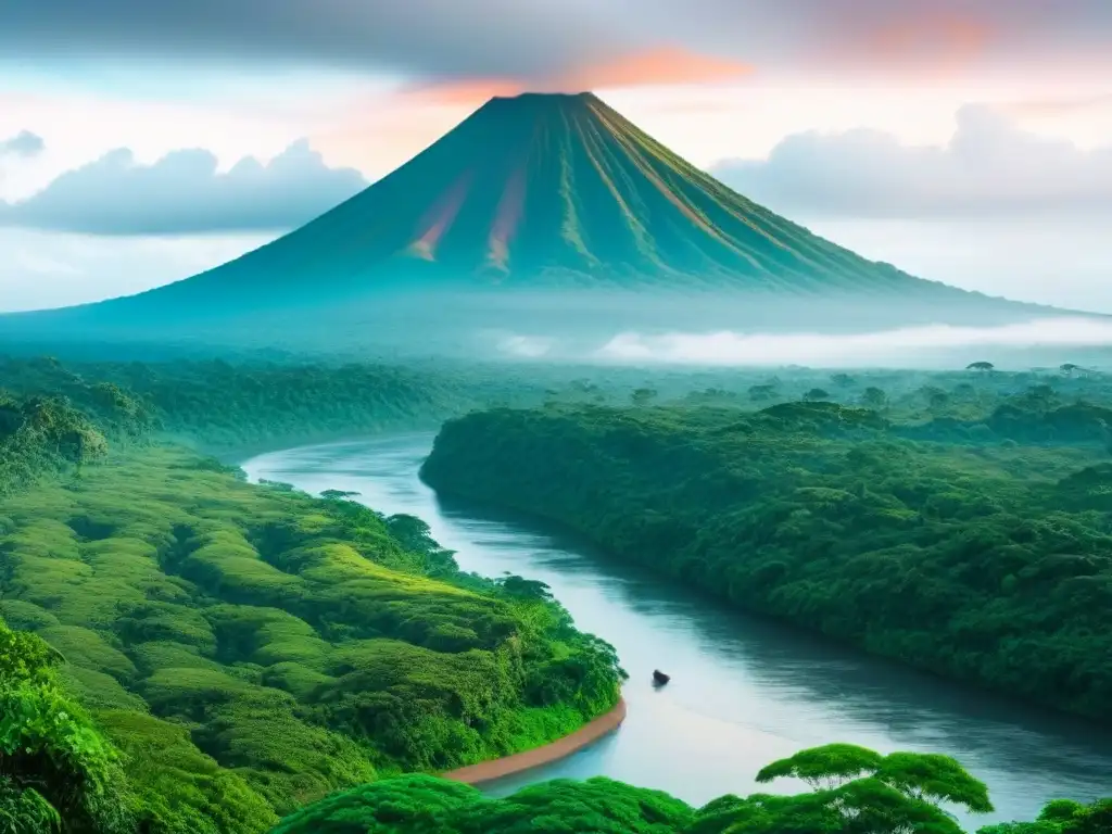 Un bosque lluvioso de Costa Rica rebosante de aves coloridas, con un río sereno y un volcán al fondo