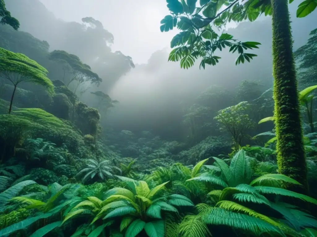 Un bosque lluvioso exuberante con una diversidad de flora y fauna, mostrando un ecosistema saludable