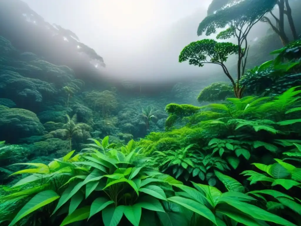 Un bosque lluvioso exuberante con luz solar filtrándose a través de las hojas verdes, transmitiendo la armonía de la naturaleza