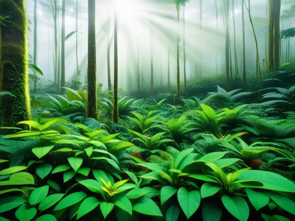 Un bosque lluvioso exuberante y próspero, con flora y fauna en armonía