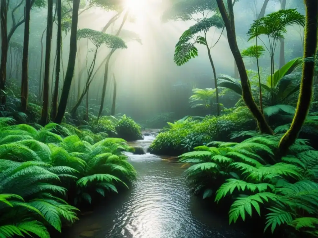 Un bosque lluvioso exuberante y sereno con árboles altos, follaje verde vibrante y un arroyo tranquilo