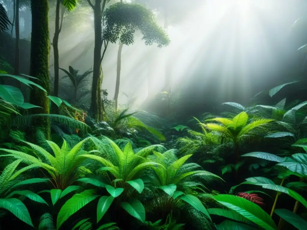 Armonía biodiversa en la selva: detalle ultra realista Un bosque lluvioso vibrante y diverso con una biodiversidad impactante, mostrando la interconexión de todos los seres vivos