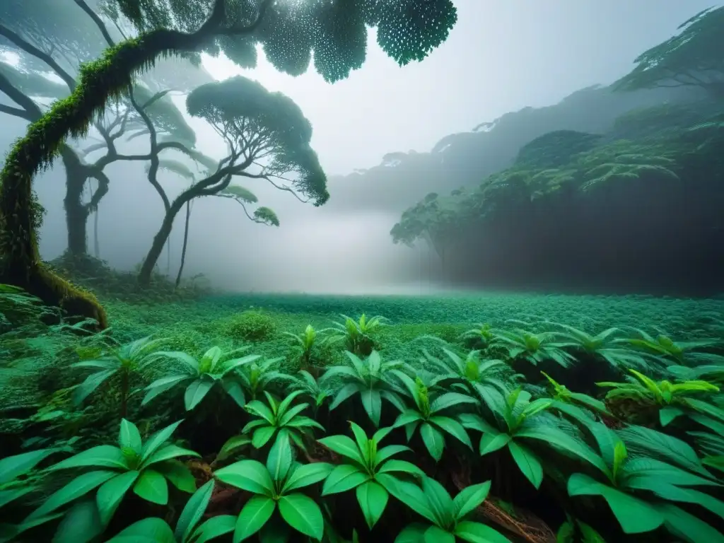 Un bosque lluvioso vibrante y exuberante, con raíces entrelazadas y vida vegetal diversa, envuelto en una suave neblina