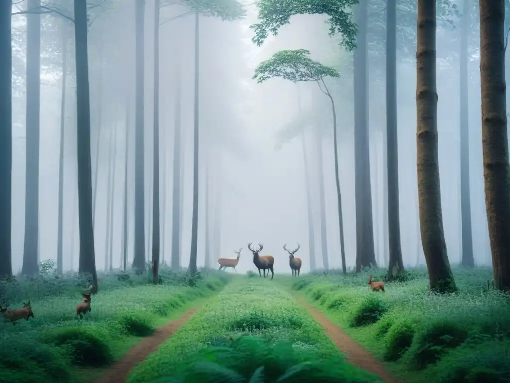 Un bosque prístino con diversa vida silvestre en armonía, transmitiendo tranquilidad y belleza natural