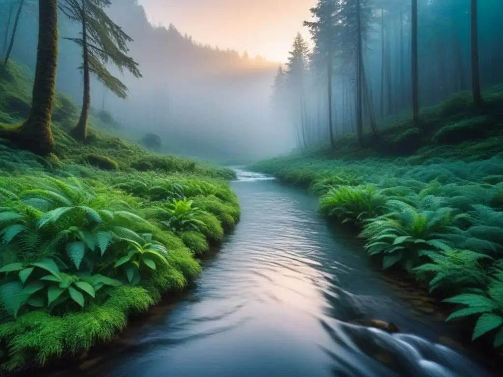 Un bosque prístino con diversa vida vegetal y animal, arroyo cristalino