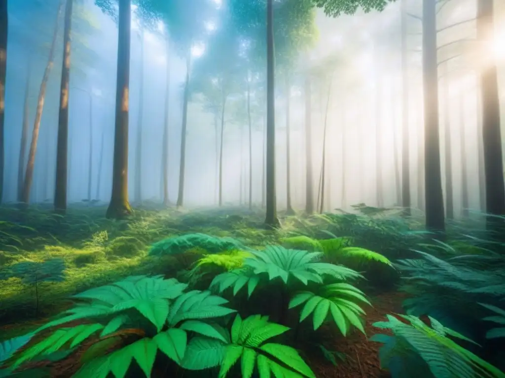 Un bosque prístino con exuberante vegetación y diversa vida silvestre bajo cielo azul