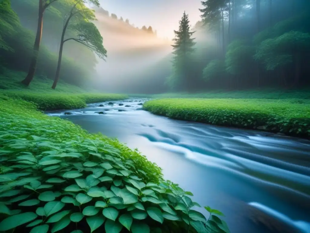 Un bosque prístino y sereno, con árboles verdes, cielo azul y un arroyo