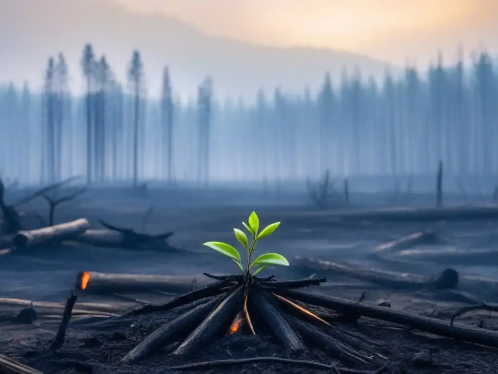 Un bosque quemado con árboles carbonizados y un brote emergiendo, simbolizando esperanza y resiliencia después de un incendio forestal