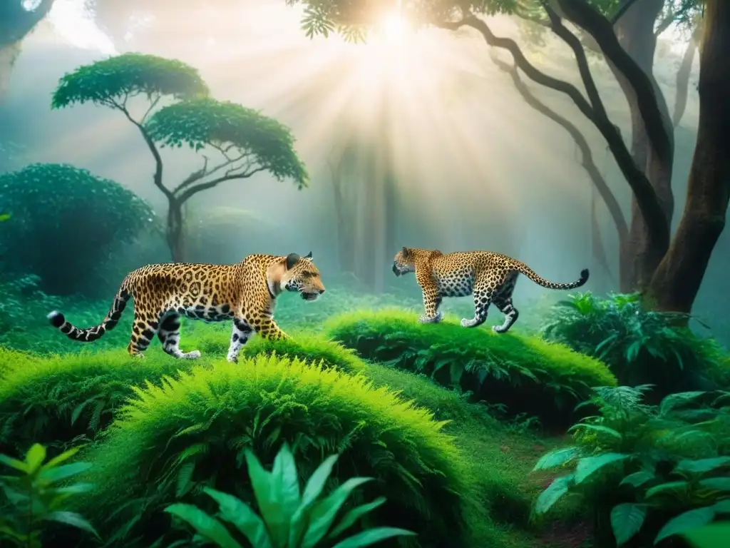Un bosque salvaje con diversidad de vida: aves coloridas, monos juguetones, jaguar majestuoso