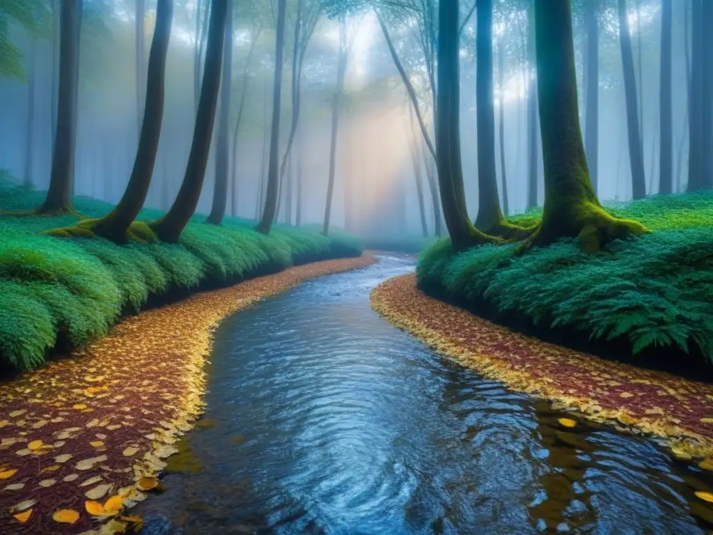 Bosque sereno con árbol majestuoso, hojas caídas y arroyo, transmite la importancia de reciclaje papel conservación bosques biodiversidad