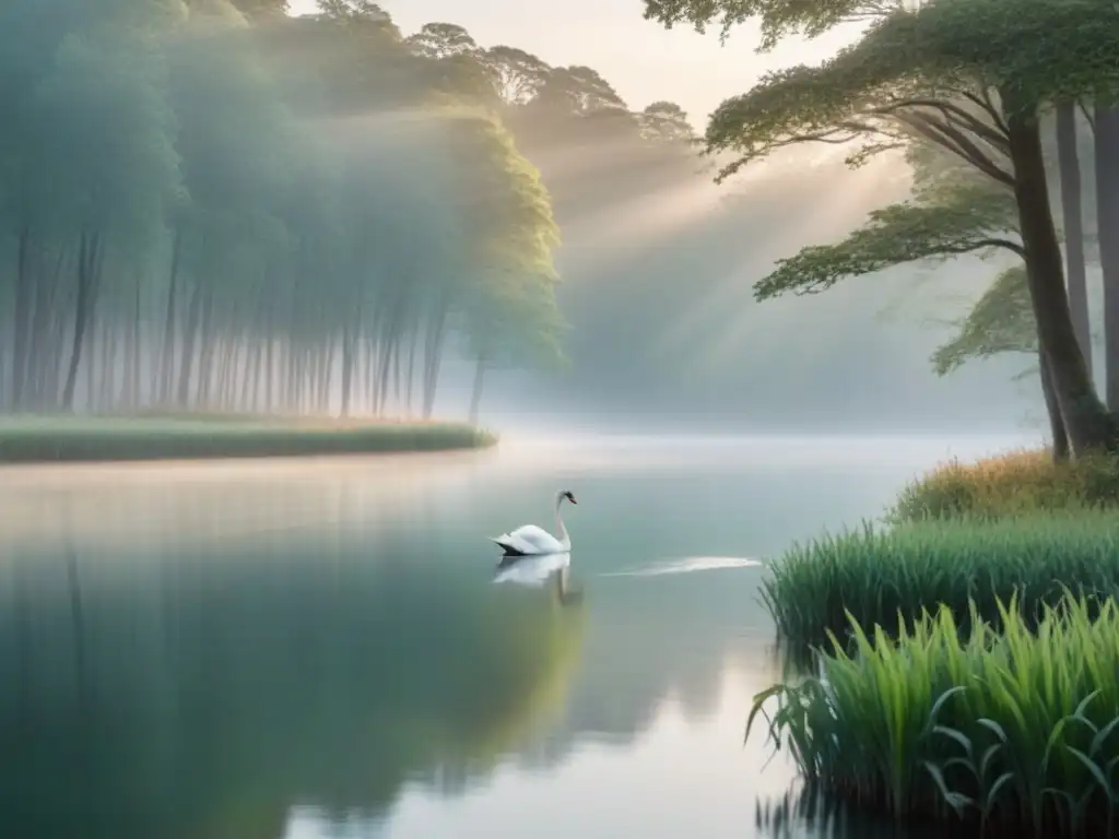 Un bosque sereno al amanecer, con árboles altos y delgados iluminados por el sol, reflejados en un estanque tranquilo con un cisne