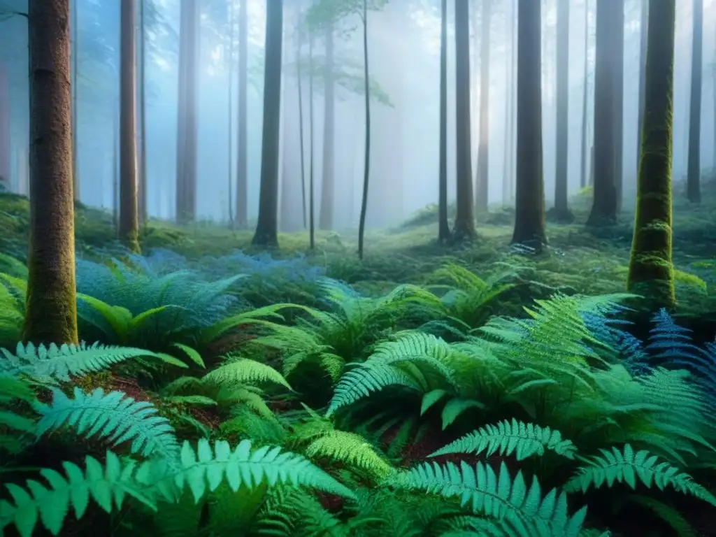 Bosque sereno con árboles altos y frondosos, helechos y flores silvestres