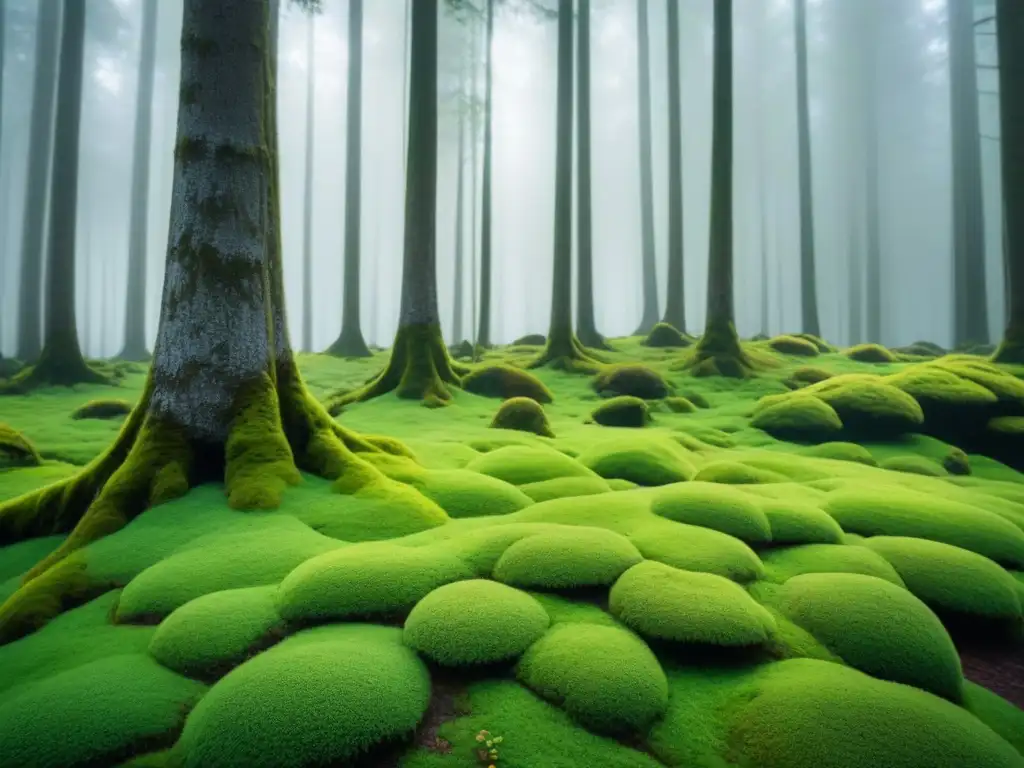 Un bosque sereno y vívido, donde los árboles altos proyectan luz sobre musgo verde