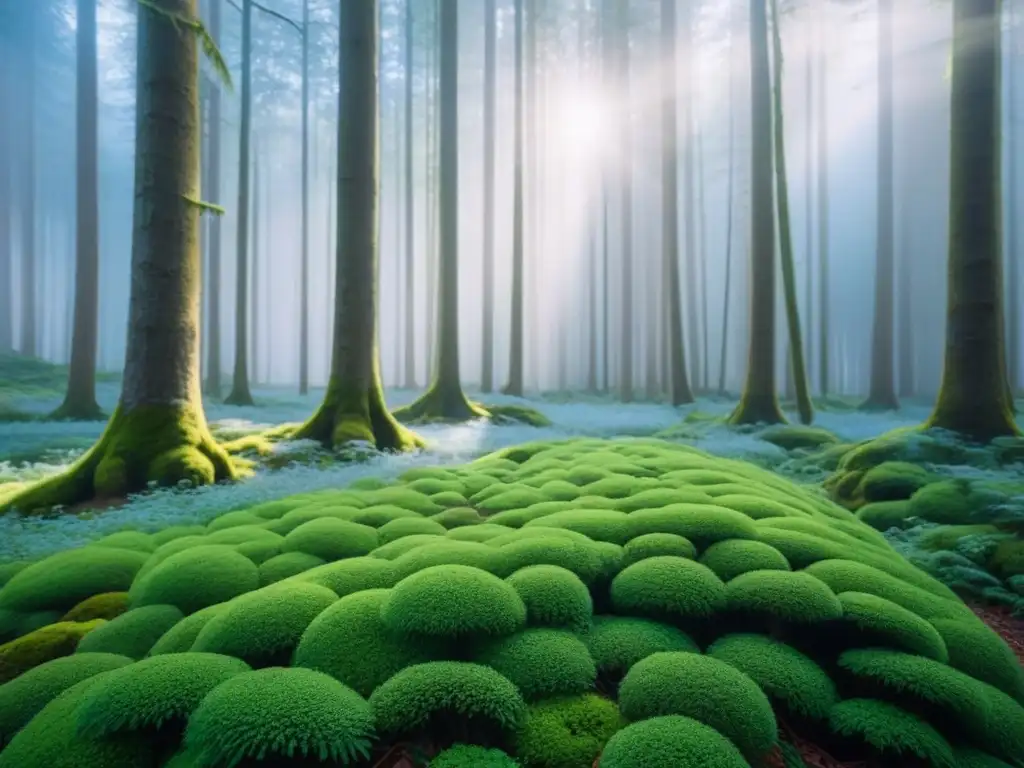 Bosque sereno con árboles altos y frondosos bajo cielo azul