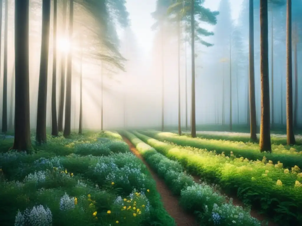 Bosque sereno con árboles majestuosos y flores silvestres, bañado por la luz del sol