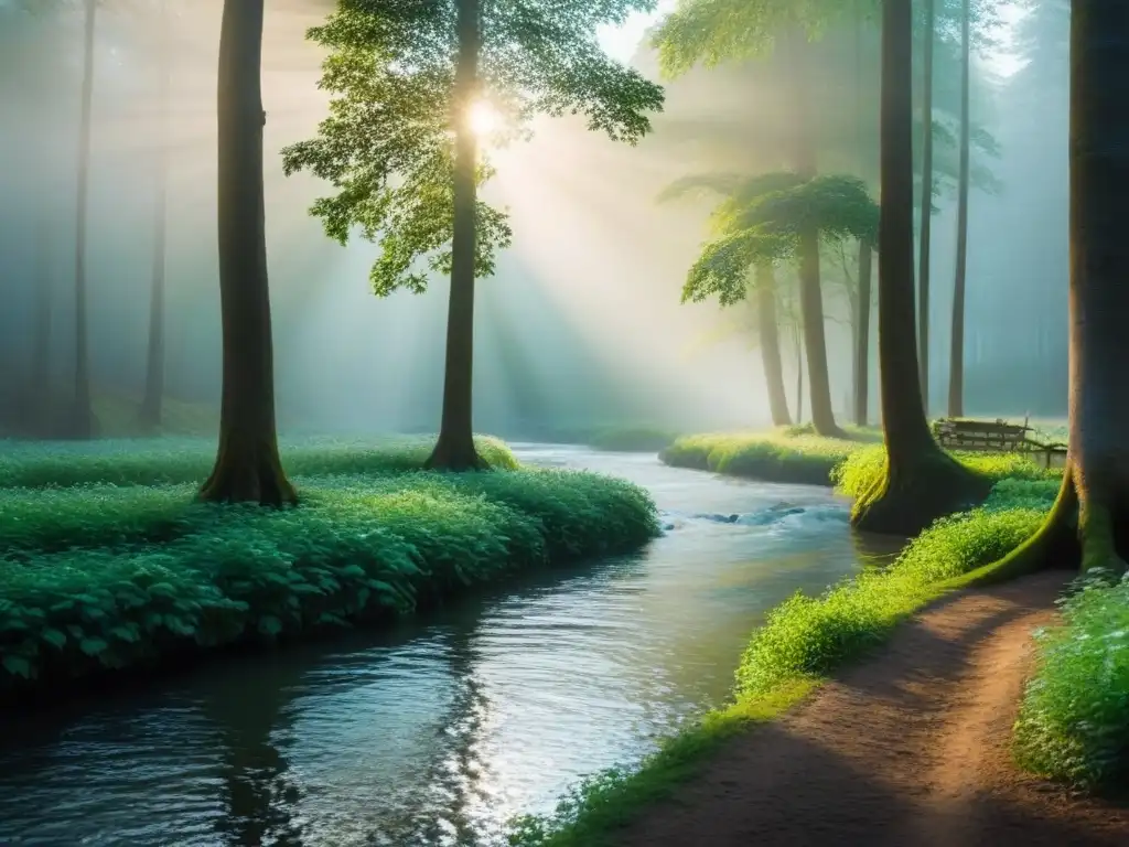 Un bosque sereno al amanecer con árboles verdes exuberantes, un río tranquilo y vida silvestre como venados, aves y mariposas