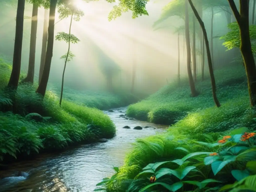 Un bosque sereno con árboles verdes, diversa flora, aves y mariposas