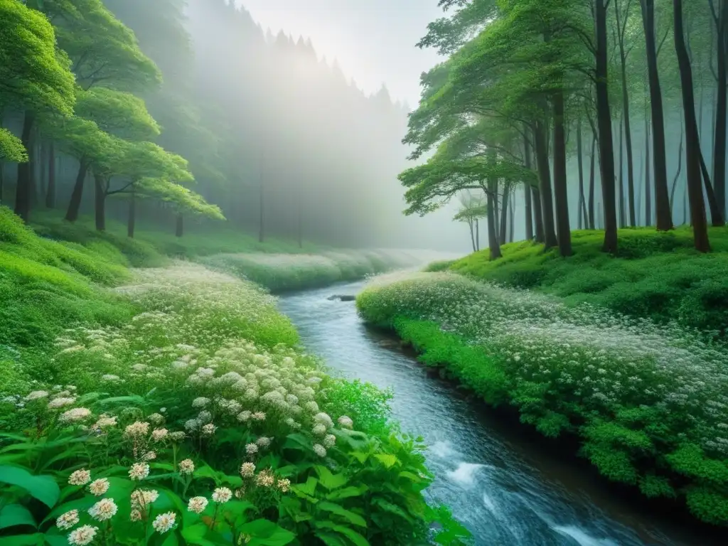 Bosque sereno con árboles verdes, flores delicadas y arroyo, representa la belleza y tranquilidad de una rutina de belleza sostenible