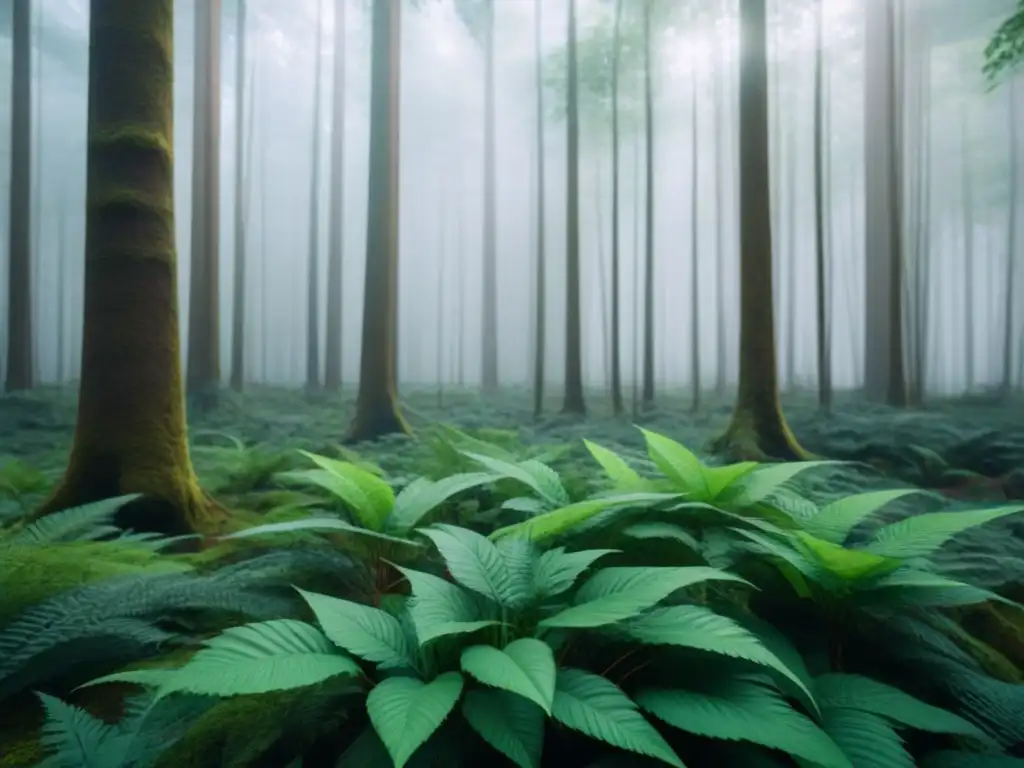 Bosque sereno con árboles verdes en distintas tonalidades, luz solar filtrándose entre el follaje y proyectando sombras en el suelo del bosque