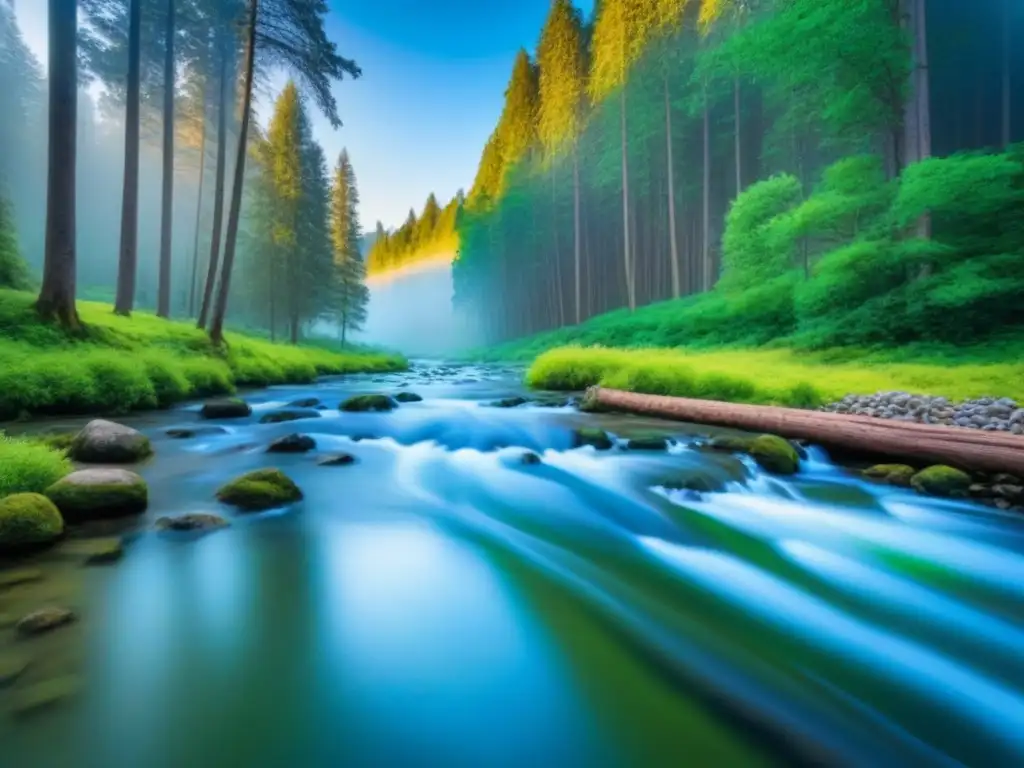 Un bosque sereno con árboles verdes, cielo azul y un arroyo