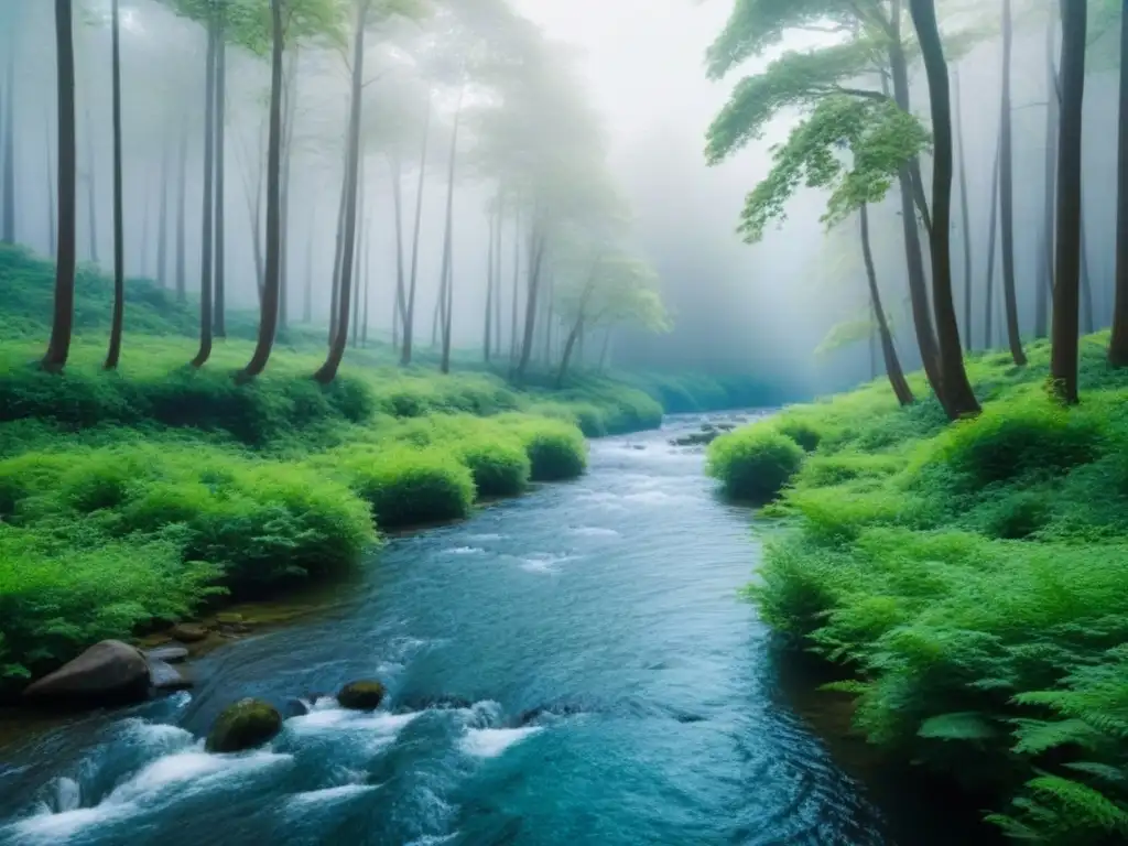 Bosque sostenible: armonía y naturaleza Bosque sereno, árboles verdes vibrantes, luz filtrándose y arroyo