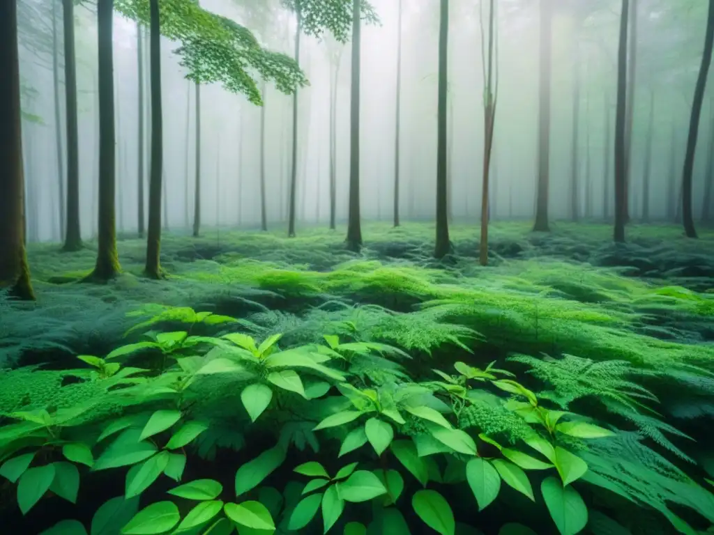 Bosque sereno con árboles verdes bajo luz difusa