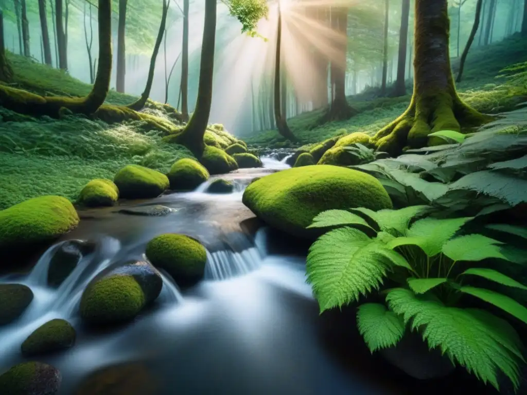 Un bosque sereno con árboles verdes, arroyo y luz filtrada, evocando conexión con la naturaleza