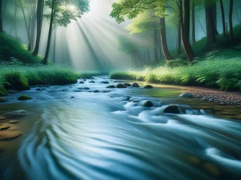 Un bosque sereno con árboles verdes, arroyo y luz solar filtrándose entre las hojas, evocando tranquilidad y armonía