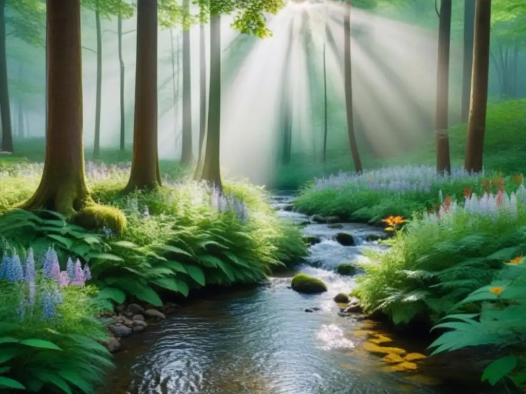 Un bosque sereno con árboles, flores silvestres y vida silvestre