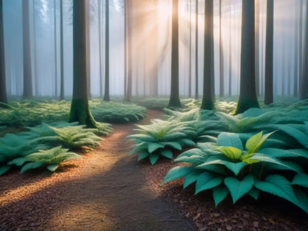 Bosque sereno al atardecer con árboles frondosos y sombras largas en el suelo