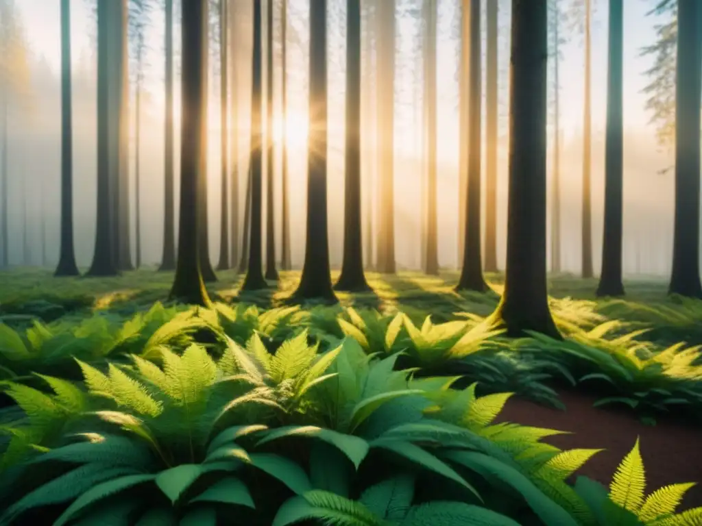 Un bosque sereno y virgen al atardecer, con árboles altos y frondosos proyectando sombras largas en la luz dorada