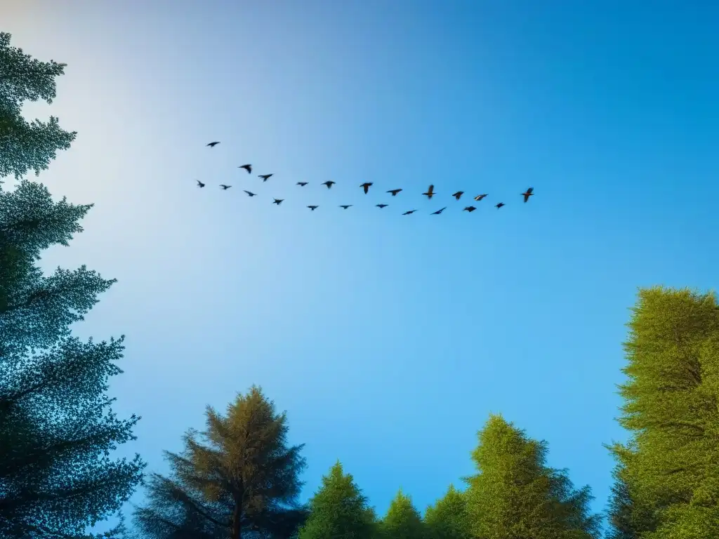 Un bosque sereno con aves migratorias en vuelo, ilustrando la armonía entre la naturaleza y la vida silvestre