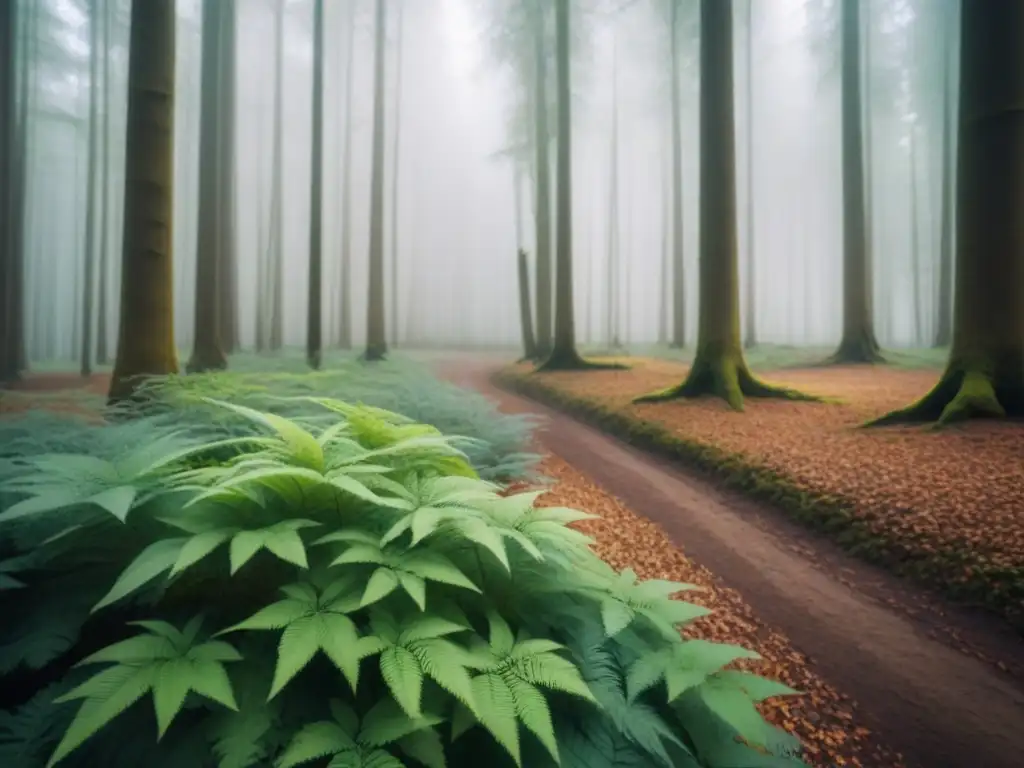 Un bosque sereno bañado en luz etérea, detallando la belleza natural