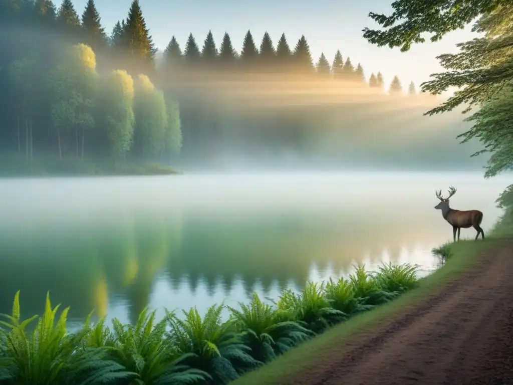 Bosque sereno al amanecer con un ciervo pastando, reflejando en lago