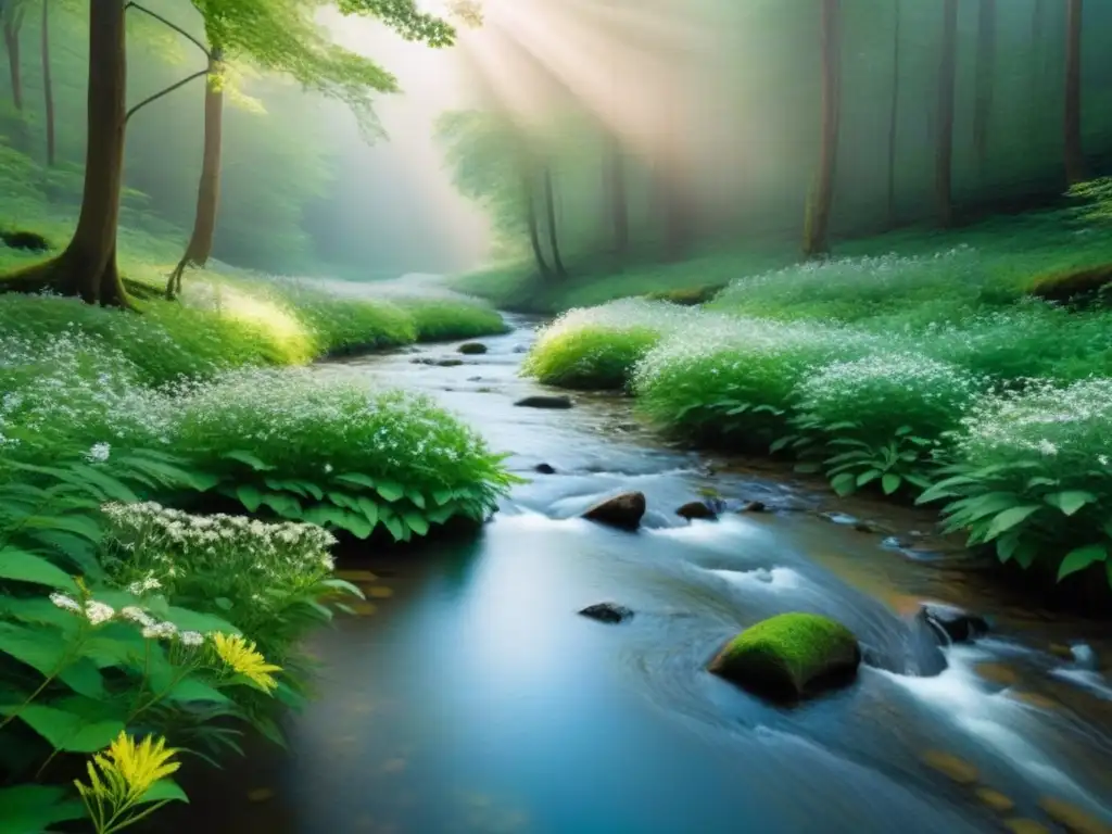 Un bosque sereno y detallado, con árboles verdes, flores silvestres y un arroyo cristalino