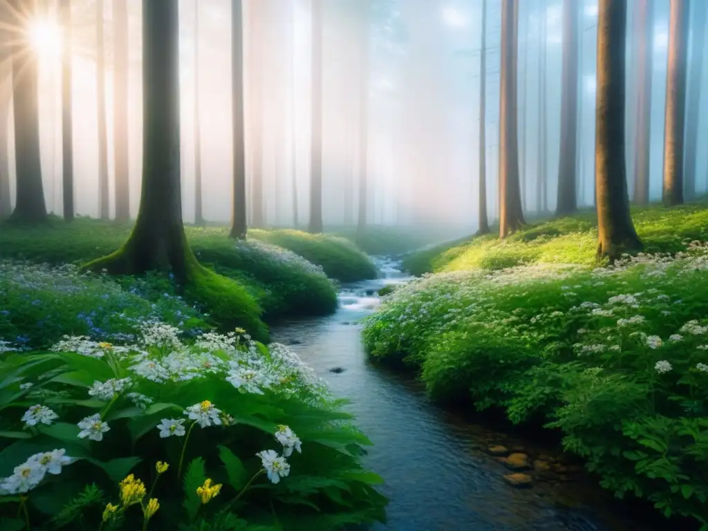 Un bosque sereno y detallado con árboles verdes, rayos de sol, flores silvestres y un arroyo