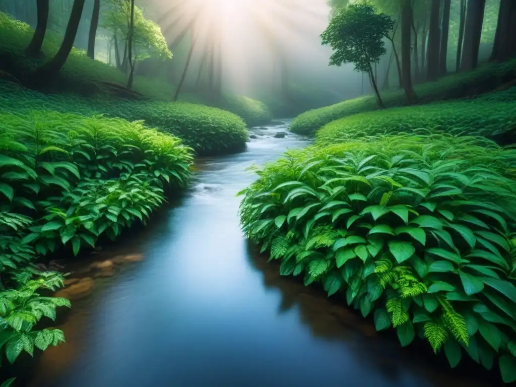 Un bosque sereno con un dosel verde exuberante, un arroyo y luz solar filtrándose, ideal para educación ambiental estilo de vida sostenible