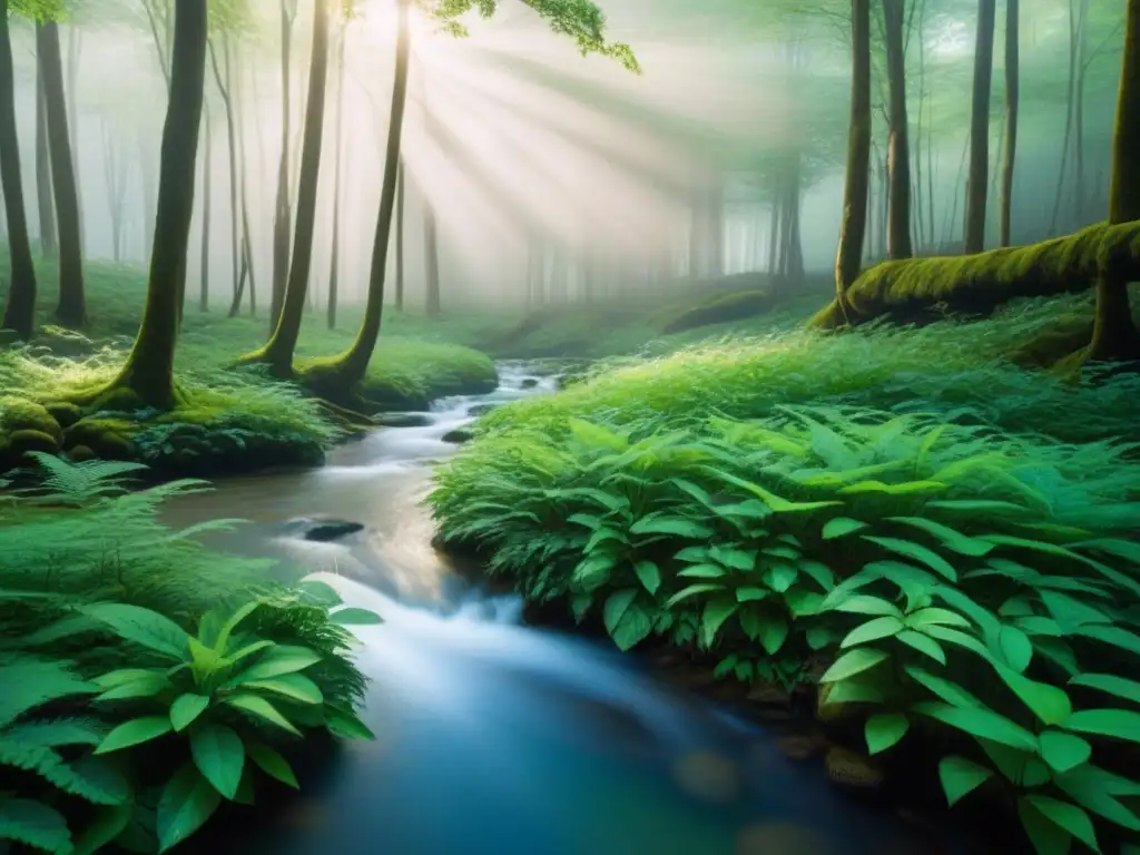 Un bosque sereno con un dosel verde exuberante y un arroyo cristalino, reflejando la naturaleza en retiros de bienestar sostenible