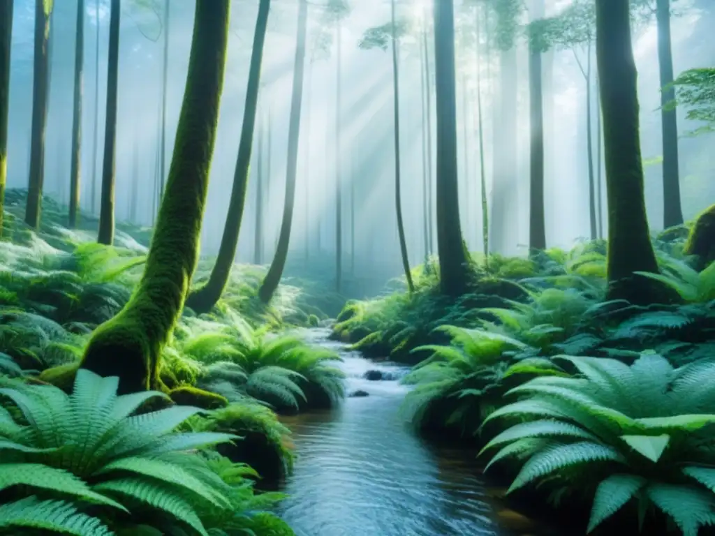 Un bosque sereno con un dosel verde exuberante y una corriente tranquila reflejando el cielo azul